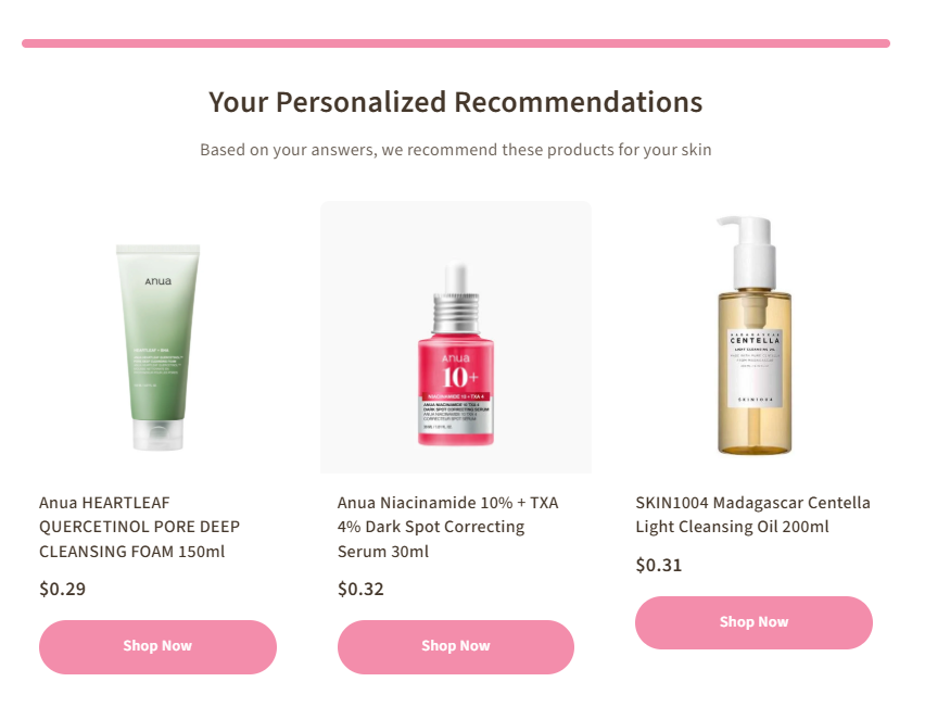 Zainexa personalized product recommendations page with three matched products
