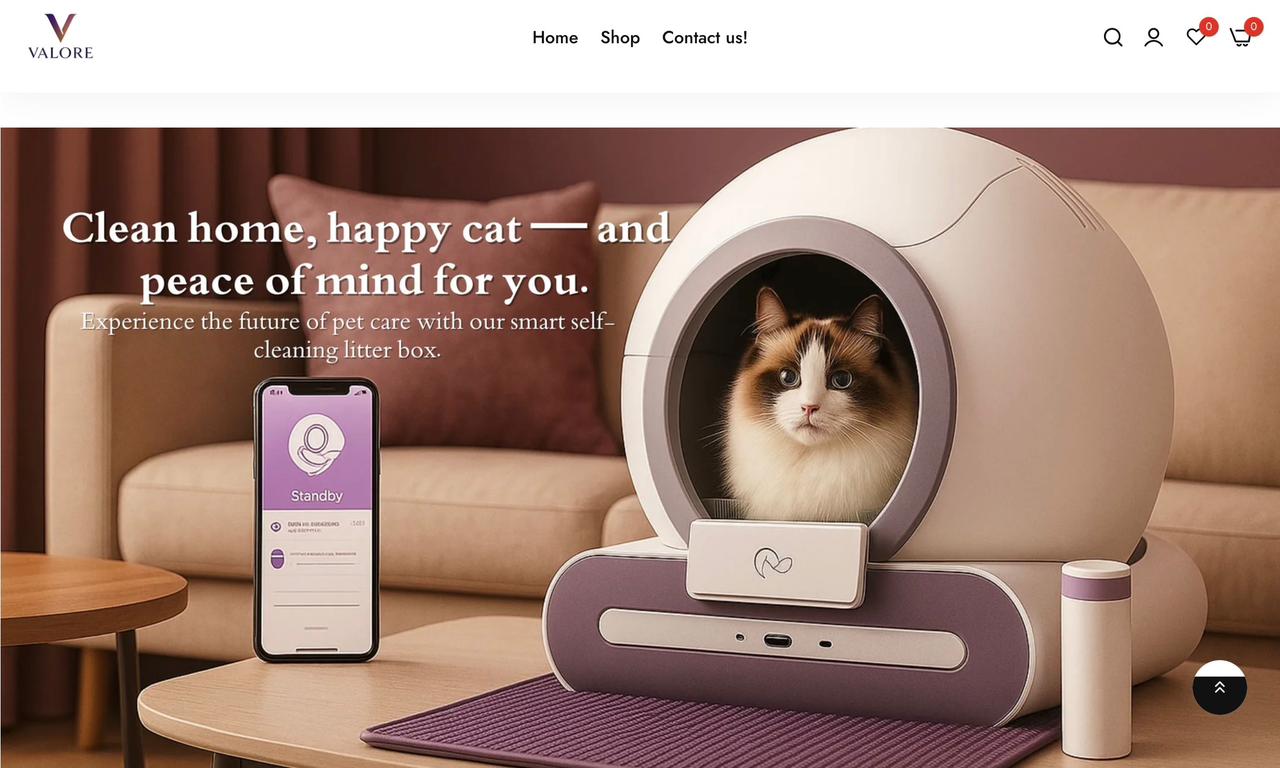 Valore homepage — premium smart litter box storefront hero