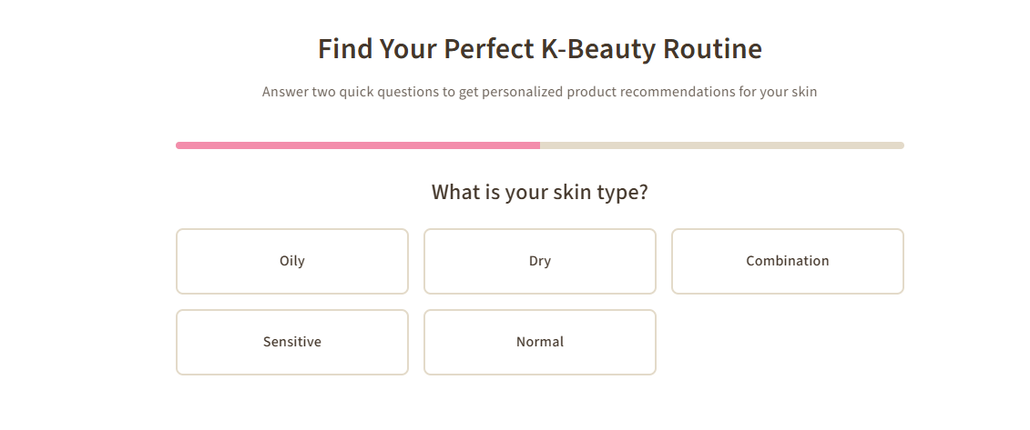 Zainexa interactive skin type quiz step with progress bar